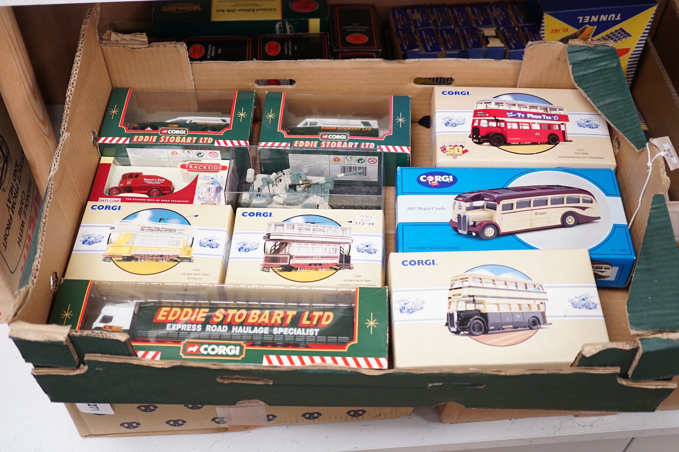 Eight boxed Corgi toys and two other die-cast models including; Eddie Stobart commercial vehicles, two Guy Arab buses, two double deck trams, etc.